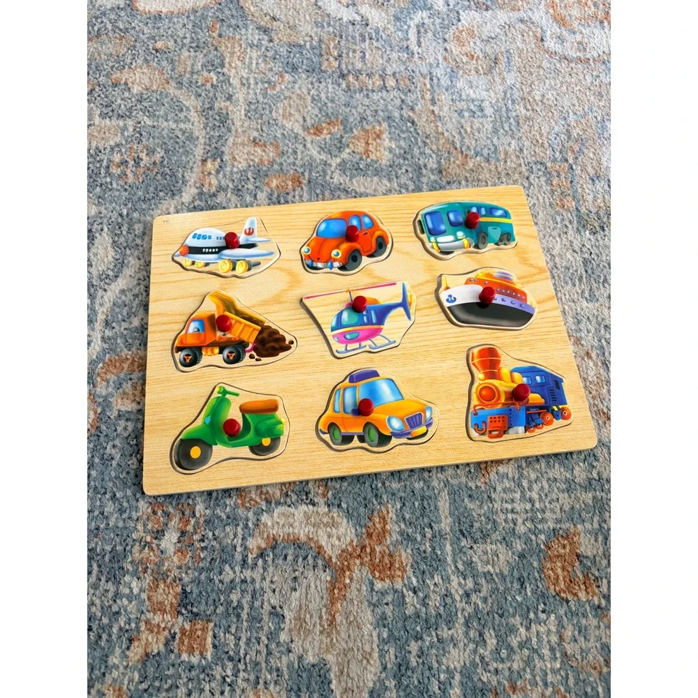 Wooden Transportation Vehicles Trucks Peg Puzzle for Toddlers Kids